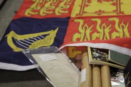 A TRAY OF EPHEMERA TO INCLUDE MAPS, PLAYING CARDS ETC TOGETHER WITH A ROYAL STANDARD FLAG