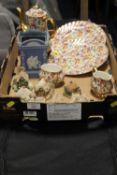 A TRAY OF CERAMICS TO INC JAMES KENT OLD FOLEY CHINA, TEAPOT ETC