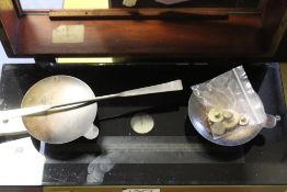 A SET OF TORSION BALANCE COMPANY OF NEW YORK PHARMACY SCALES WITH BRASS & GLASS DISHES, BRASS