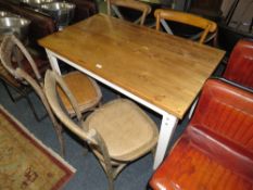 AN INDUSTRIAL STYLE BISTRO TABLE WITH FOUR ASSORTED BENTWOOD CHAIRS