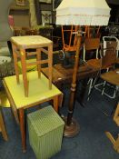 A RETRO DROPLEAF SMALL TABLE, STOOL, STANDARD LAMP AND LLOYD LOOM LINEN BOX