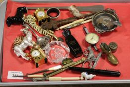 A TRAY OF COLLECTABLES TO INCLUDE A JEWELLED CAMEL RING BOX, MINIATURE CLOCKS ETC