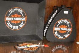 A REPRODUCTION HARLEY DAVIDSON OIL CAN, TWIN HANDLED TRAY, AND METAL PLAQUE (3)