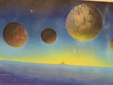AN INDISTINCTLY SIGNED MIXED MEDIA ON PAPER MODERNIST STUDY OF PLANETS ABOVE A SHIP A SEA