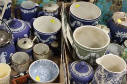 TWO TRAYS OF MOSTLY WEDGWOOD BLUE DIP CERAMICS TO INCLUDE JARDINAIRES, 3PC TEA SERVICE, CRACKER