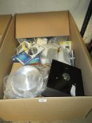 A LARGE BOX OF ASSORTED LIGHTS, FITTINGS ETC
