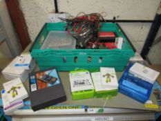 A TRAY CONTAINING VARIOUS ELECTRONIC STARTER KITS PROJECTS, BENCH TESTING BOARDS AND PATCH CABLES