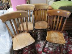 A SET OF FOUR ANTIQUE ELM KITCHEN CHAIRS