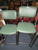 TWO GREEN LEATHER BAR/KITCHEN STOOLS ( DIFFERENT HEIGHTS )