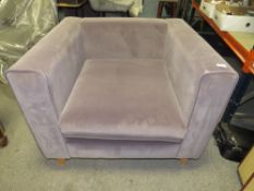 A MODERN UPHOLSTERED SQUARE MUSHROOM COLOURED ARMCHAIR