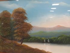 A PAIR OF GILT FRAMED AND GLAZED PAINTINGS COMPRISING TWO LAKE SCENES