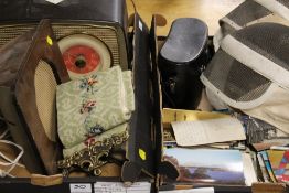 TWO TRAYS OF ASSORTED COLLECTABLES TO INCLUDE TWO FENCING MASKS, VINTAGE RADIO, QUANTITY OF