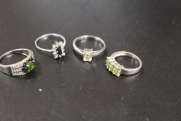 FOUR VINTAGE SILVER GEMSTONE RINGS TO INC PERIDOT ETC
