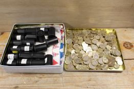 A TUB OF TWO AND ONE POUND COINS TOGETHER WITH ONE TIN OF ASSORTED MODERN BRITISH COINAGE