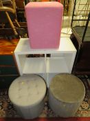 A MODERN WHITE OPEN SHELF UNIT AND THREE STOOLS (4)