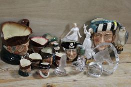 A COLLECTION OF CERAMICS AND GLASS CONSISTING OF NYBRO GLASS, CHARACTER JUGS ETC