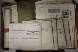 A TRAY OF ANTIQUE DOCUMENTS AND EPHEMERA TO INCLUDE VICTORIAN EXAMPLES AND SHARE CERTIFICATES