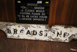 A VINTAGE SIGN FOR HORNTON GRANGE TOGETHER WITH A SIGN FOR BROADSTONE
