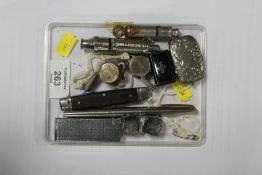A SMALL TRAY OF COLLECTABLES TO INCLUDE A SILVER PLATED VESTA, POCKET KNIFE WHISTLE, LIGHTER ETC