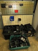 A LARGE SELECTION OF PLASTIC PARTS BINS TOGETHER WITH TWO STORAGE RACKS