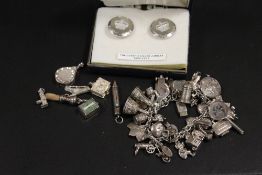 A SILVER CHARM BRACELET WITH MANY CHARMS, APPROX WEIGHT 106G TOGETHER WITH SOME LOOSE CHARMS AND A