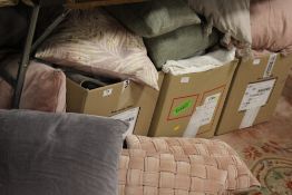 THREE BOXES OF ASSORTED SHOW HOME SOFT FURNISHINGS TO INCLUDE CUSHIONS, THROWS ETC