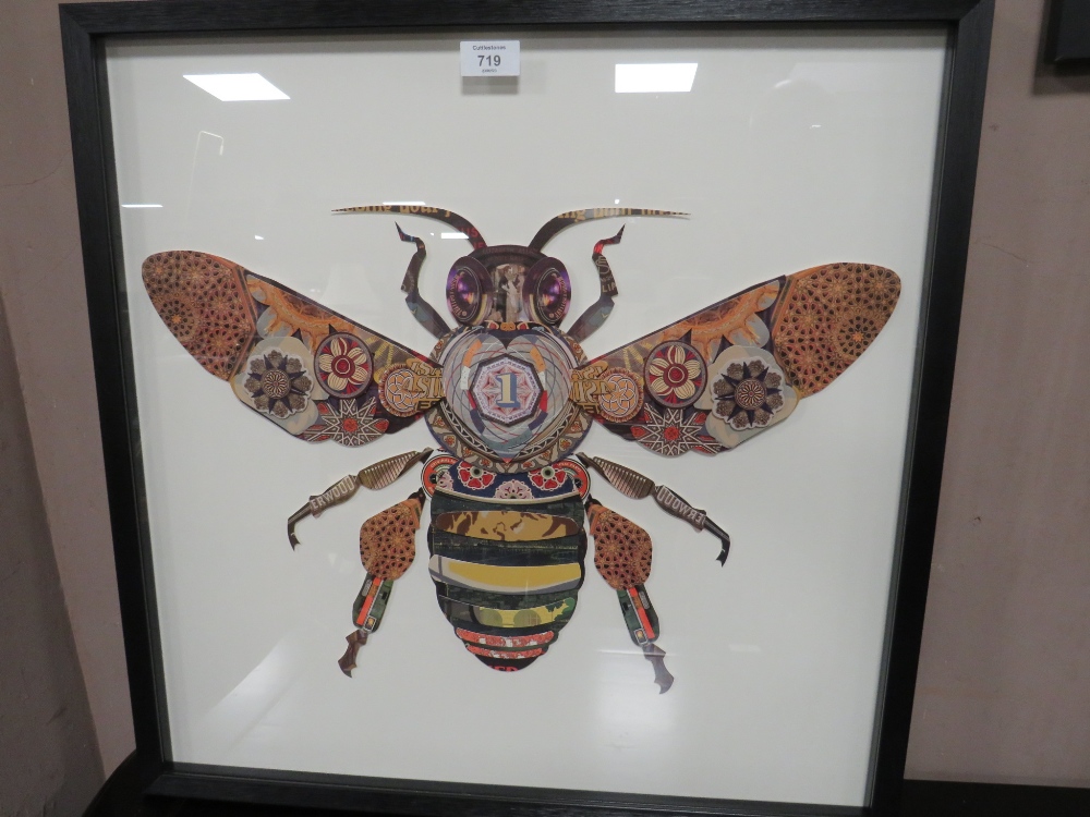 A MODERN WASP DECOUPAGE STYLE PICTURE AND A BLACK FRAMED MIRROR - Image 2 of 3