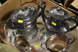 A SILVER PLATED TEA AND COFFEE SERVICE ON A PIERCED GALLERY TRAY