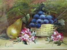 A GILT FRAMED AND GLAZED STILL LIFE OIL PAINTING OF FRUIT ON A TABLE, POSSIBLY SIGNED E CHESTER ?,