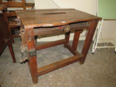 AN UNUSUAL INDUSTRIAL STYLE VINTAGE WOODEN CIRCULAR WORK BENCH / TABLE SAW BENCH WITH CAST
