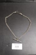 A SMALL SILVER WATCH CHAIN AND T BAR, APPROX WEIGHT 17.5G