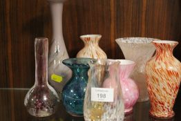 A SELECTION OF EIGHT SMALL STUDIO STYLE GLASS VASES TO INCLUDE A MDINA TYPE EXAMPLE
