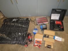 A MAKITA M8101 DRILL, A 48PC COMBINATION SPANNER SET, A 35PC ROUTER SET, IRWIN RECORD BENCH VICE,