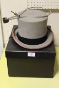 A SIZE 7 1/8 GREY TOP HAT TOGETHER WITH A CHRISTYS` LONDON HAT BOX AND MEASURING CALLIPERS .