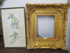 A GILT ANTIQUE FRAME - OVERALL SIZE 53 X 48 CM, TOGETHER WITH A FLORAL NEEDLEWORK (2)