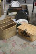 THREE BOXES OF ASSORTED METALWARE TOGETHER WITH TWO ITEMS OF WICKER WARE
