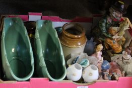 A TRAY OF ASSORTED CERAMICS AND GLASS TO INC FIGURINES ETC