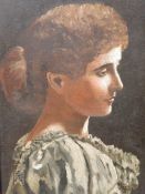 A FRAMED OIL ON CANVAS HEAD AND SHOULDER PORTRAIT ENTITLED 'MISS FORTESQUE' - SEE VERSO