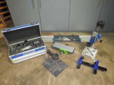 A DREMEL 8200 CASED GRINDER SET, DREMEL WORKSTATION, SMALL MACHINIST TABLE, CLAMPS, WOLF CIRCULAR