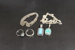 TWO VINTAGE GEMSTONE PENDANTS, WITH CHAINS AND TWO SILVER GEMSTONE RINGS