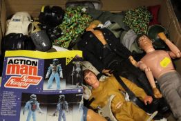 A QUANTITY OF VINTAGE ACTION MAN FIGURES, TOYS AND ACCESSORIES TOGETHER WITH A DOLLS PRAM