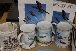 FOUR ASSORTED COMMEMORATIVE CERAMIC TANKARDS TO INC THE RED ARROWS, THE R.A.F. AND THE ASHES ETC