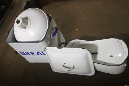 A BLUE AND WHITE ENAMEL BREAD BIN, LIGHT FITTINGS ETC