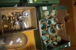 A SMALL BOX OF PRINKNASH POTTERY AND A SMALL QUANTITY OF SILVER PLATE ETC