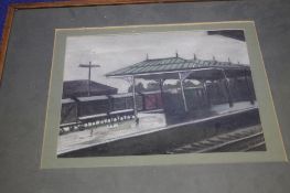 A GUY WORSDELL SIGNED GOUACHE AND PASTEL OF SKIPTON STATION, 58 X 42 CM