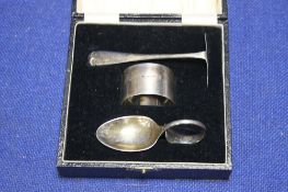 A CASED HALLMARKED SILVER SPOON, NAPKIN RING ETC