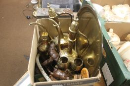 BOX CONTAINING BRASS TRAY, CUPS, VASES, COFFEE POT TOGETHER WITH RESIN ORNAMENTS