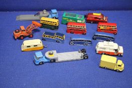 A SELECTION OF EIGHTEEN UNBOXED VINTAGE DIE CAST VEHICLES TO INCLUDE SIX X DINKY BUSES/COACHES,