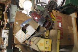 BOX CONTAINING O GAUGE TRAIN RELATED ITEMS , INCLUDE LOCOMOTIVE, ROLLING STOCK , SCENERY, ETC