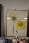 A FRAMED AND GLAZED WATERCOLOUR DEPICTING A SUNFLOWER